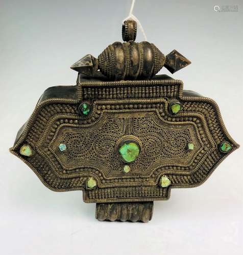 Large Ornate Silver Box with green Stone Inlay