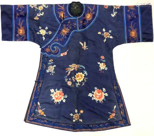 Royal Blue Silk Robe with Floral Embroidery