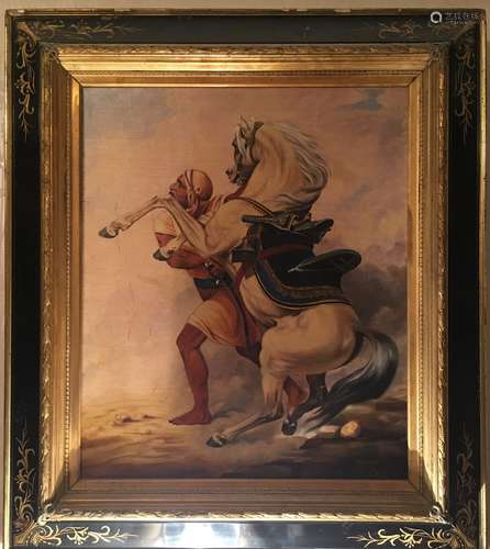 Oil Painting of Man and Horse in Sand Storm Signed