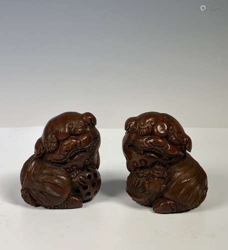 Pair of Carved Bamboo Foo Dogs