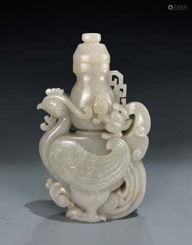 Carved White Jade 'Phoenix' Vase