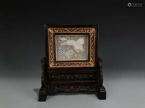 Rosewood and Boxwood Table Screen with White Jade Inlay