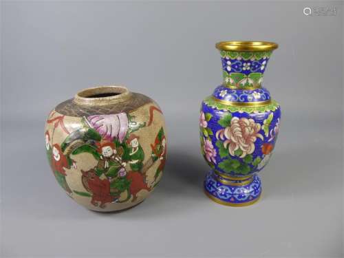 A Vintage Chinese Crackle Glaze Ginger Jar decorated with fighting warriors