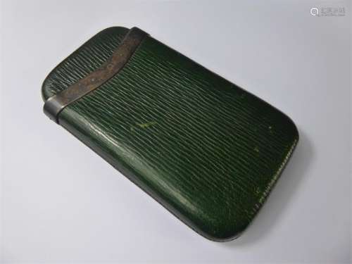 An Antique Green Leather Cigar Case with Silver Collar