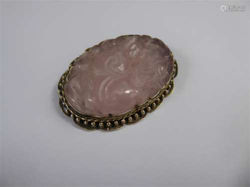 A Chinese Hand Carved Silver Gilt and Rose Quartz Brooch