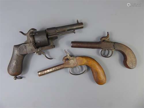 A Circa 1870's Belgium Pin Fire Revolver with engraved barrel together with two box-lock percussion pistols (3).                                                                                                                                                        Antiques