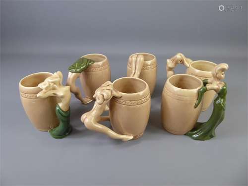 Dorothy Kindell American (1909-1961) A Charming Set of 1940's Ceramic Striptease Mugs