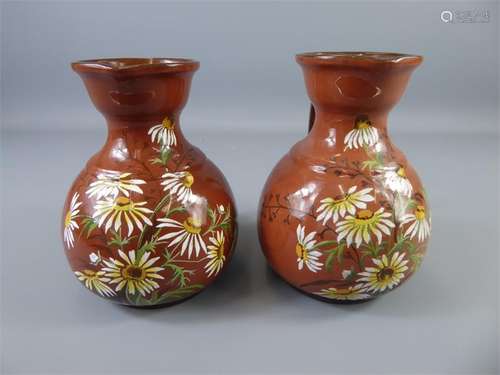 A Pair of Circa 1895 Doulton Lambeth Ware 'Michaelmas Daisy' Faience Ewers