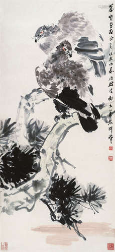 赵良翰（1910～1986） 松枝双鹰 立轴 设色纸本