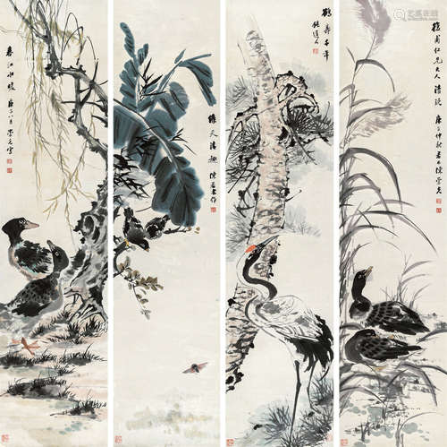 陈崇光（1838～1896） 花鸟 镜心 四屏 设色纸本