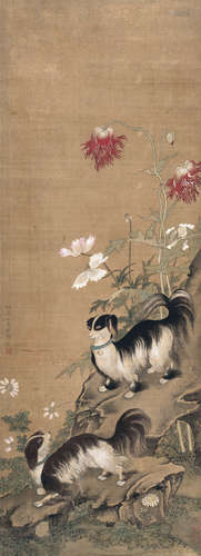 李静芳（1668～1748） 后苑双犬 立轴 设色绢本