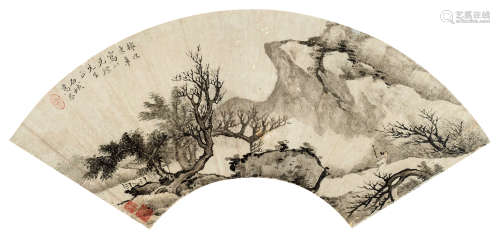 高岑（1621～1691） 疏林曳杖图 扇面 设色纸本