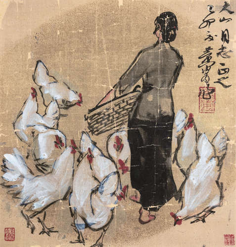 黄胄（1925～1997） 饲鸡图 镜心 设色笺本