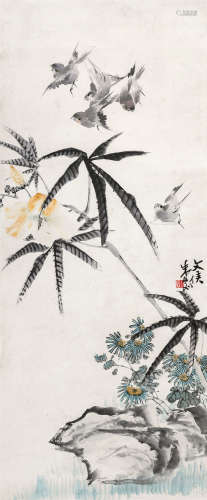朱文侯（1895～1961） 群雀 立轴 设色纸本