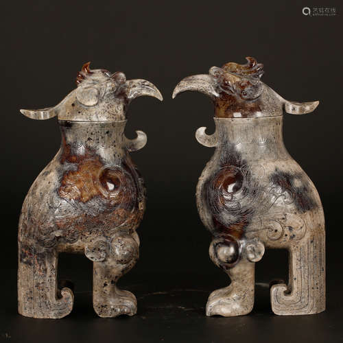 CHINESE JADE CARVED BEASTS, PAIR