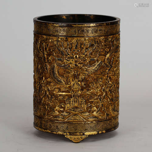 CHINESE GILT BRONZE DRAGON BRUSH POT