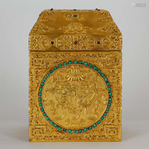 CHINESE GILT BRONZE COVER BOX WITH INLAID