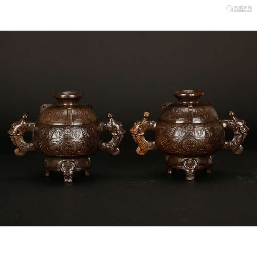 CHINESE JADE CARVED COVER CENSER, PAIR