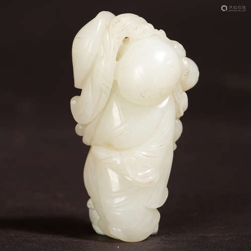 CHINESE WHITE JADE CARVED BOY WITH LOTUS