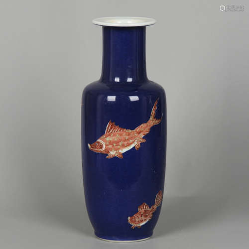 CHINESE BLUE GLAZED DECORATED FISH ROULEAU VASE