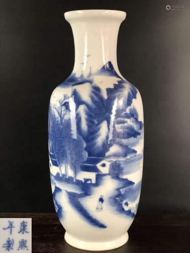 A BLUE AND WHITE LANDSCAPE PATTERN VASE