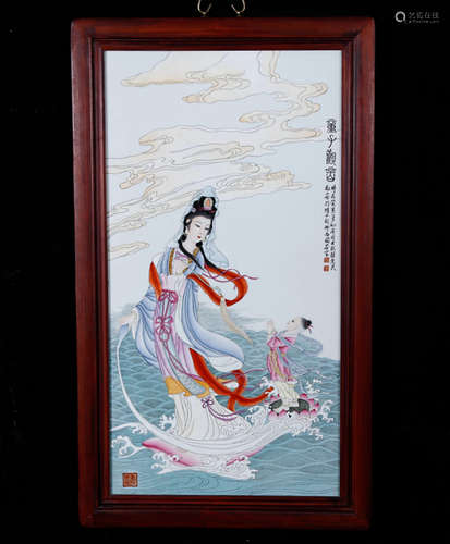 A PORCELAIN GUANYIN SCREEN PAINTING