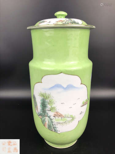 A QIANJIANGCAI LANDSCAPE PANEL PATTERN JAR