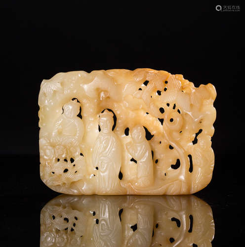 A HETIAN BROWN JADE OPENWORK FIGURES PANEL