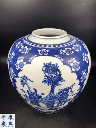 A BLUE AND WHITE PANEL DESIGN JAR