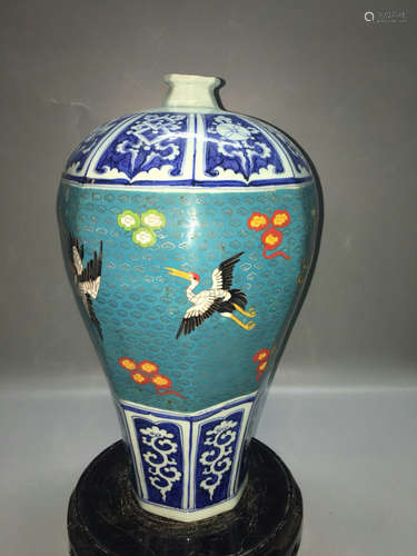 A BLUE GLAZED CRANE PATTERN MEI VASE