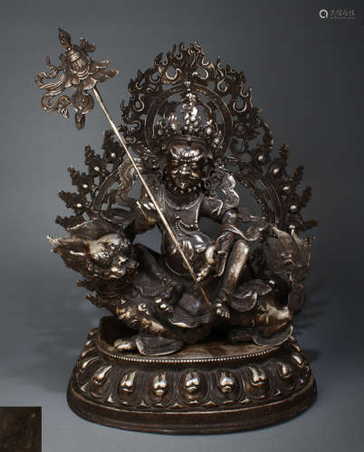A SILVERING BRONZE MOLDED GOD OF WEALTH FIGURE