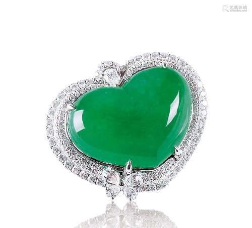 天然满绿翡翠「心形」配钻石戒指（可做吊坠）