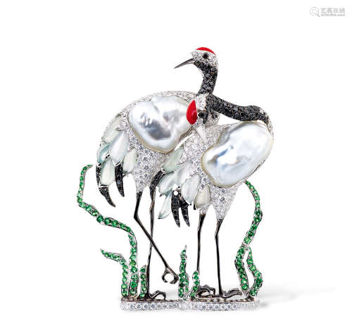 郑敏聪Jeff Cheng设计 「池鹤」白色珍珠配冰种翡翠、钻石及彩色宝石胸针（可做吊坠）