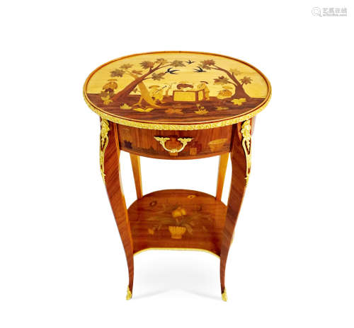法国 路易十六风格 铜鎏金镶嵌桃花心木和珍贵木材拼中国风光画细木桌