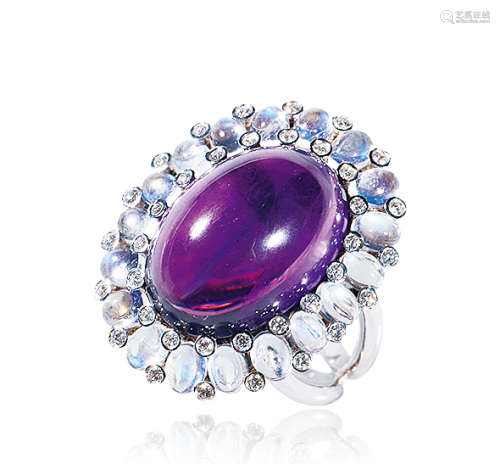 总重13.53克拉 天然紫水晶配月光石及钻石戒指