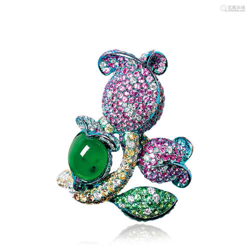 蔡安和设计 天然满绿翡翠配彩色蓝宝石及钻石「花朵」戒指