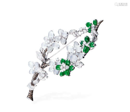 良和出品 「露华香」 天然冰种翡翠及满绿翡翠配钻石胸针
