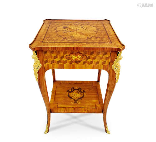 法国 路易十六风格 铜鎏金镶嵌珍贵木材拼花卉及几何图细木桌