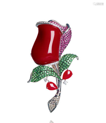 7.61克拉 天然牛血红AKA红珊瑚配彩色宝石「花朵」胸针（可做吊坠）