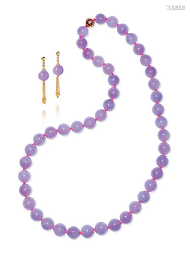 天然紫罗兰翡翠珠炼及耳环套装