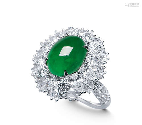 天然满绿翡翠「蛋面」配钻石戒指