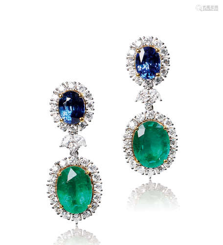 总重11.19克拉 天然「赞比亚」祖母绿及天然皇家蓝蓝宝石配钻石耳环