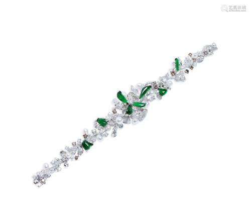 良和出品 「春翠」天然满绿翡翠配钻石及珍珠手炼