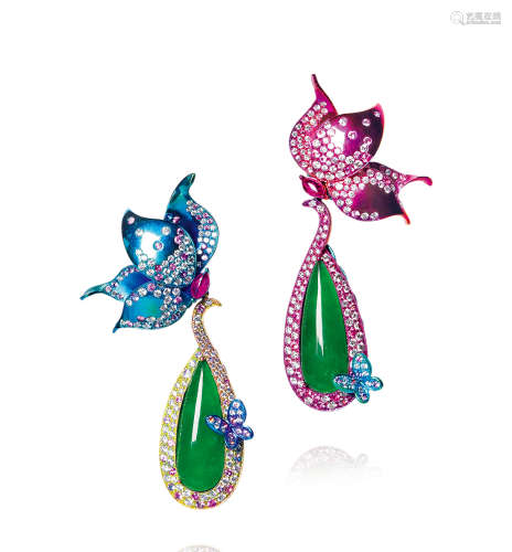 蔡安和设计 天然满绿翡翠配钻石「出水芙蓉」耳环