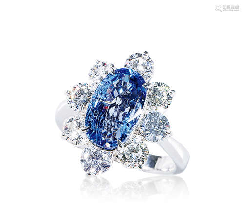 5.53克拉 天然「缅甸」蓝宝石配钻石戒指 未经加热