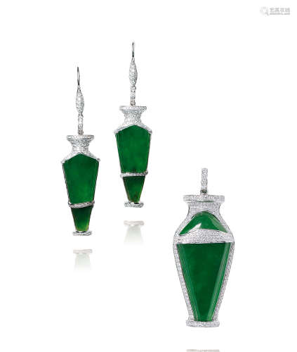 天然满绿翡翠配钻石「平安如意」吊坠及耳环套装