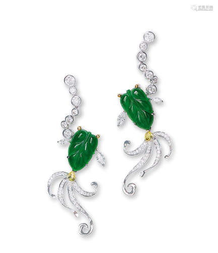 良和出品 「玉翠流金」天然满绿翡翠配钻石耳环