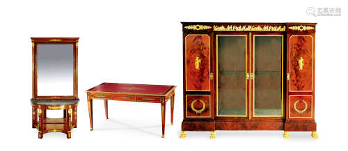 法国 拿破仑帝国风格 铜鎏金镶嵌桃花心木梳妆台、书桌及断层式书柜