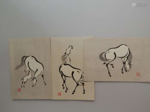 Seizan Aoyama. 3 estampes de chevaux. Vers 1930...