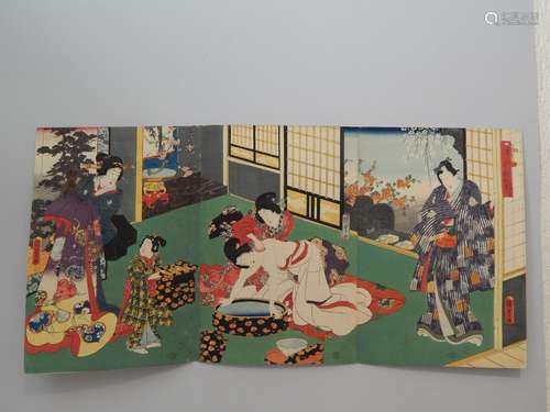 Kunisada. Tryptique. Le prince Genji regardant des...